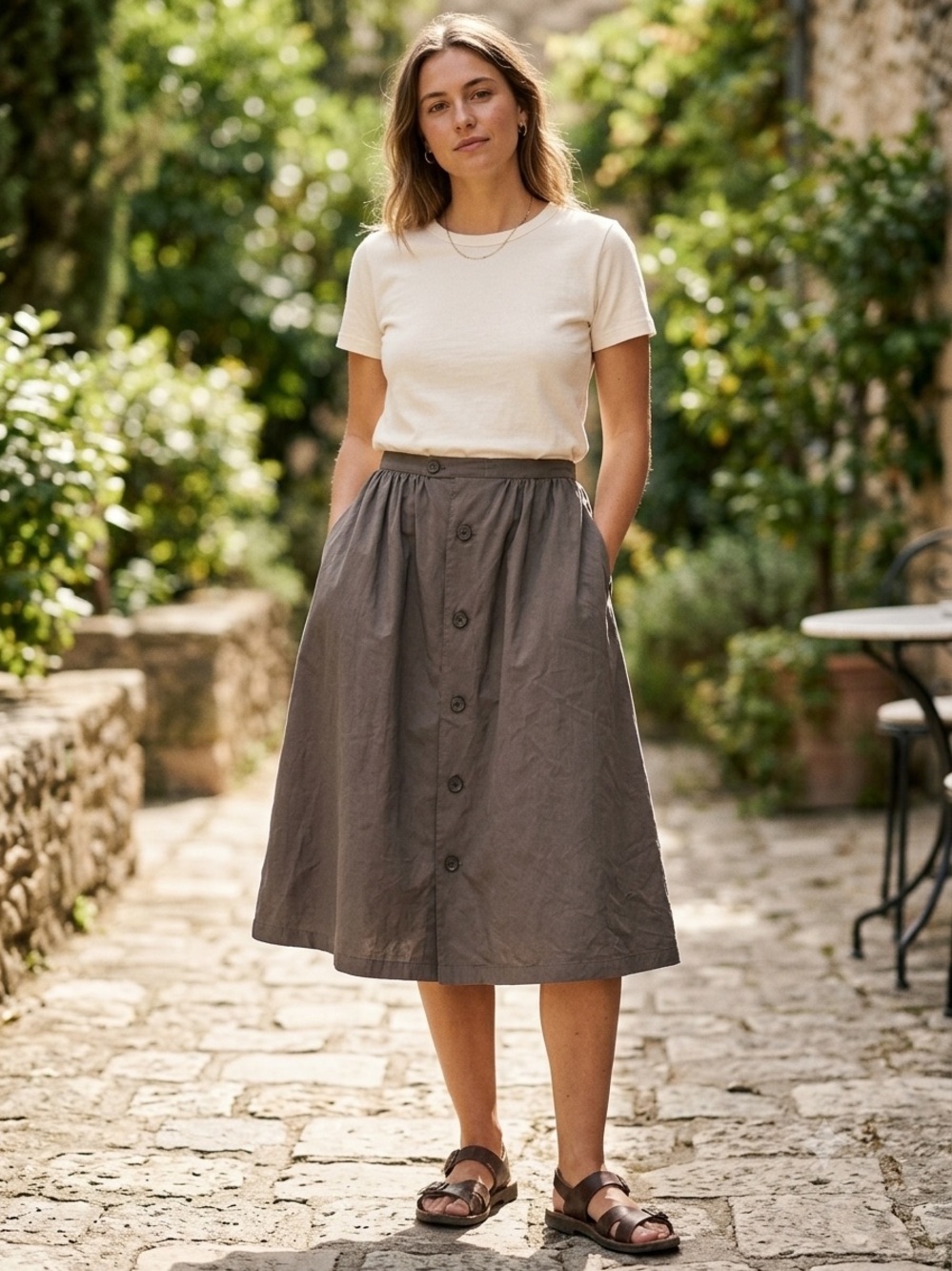 Classic Elegant Button-Front A-Line Skirt in Charcoal